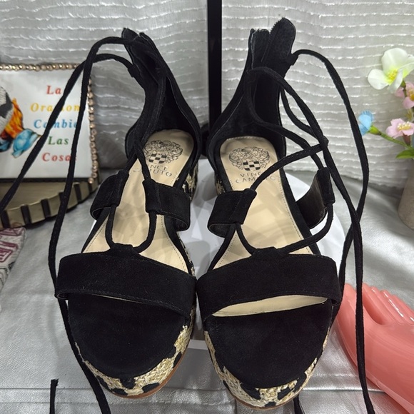 (O)Vince Camuto Kellia SuedeLeopard Sisal Leather Sandals with Straps Black 8.5M - Picture 9 of 14